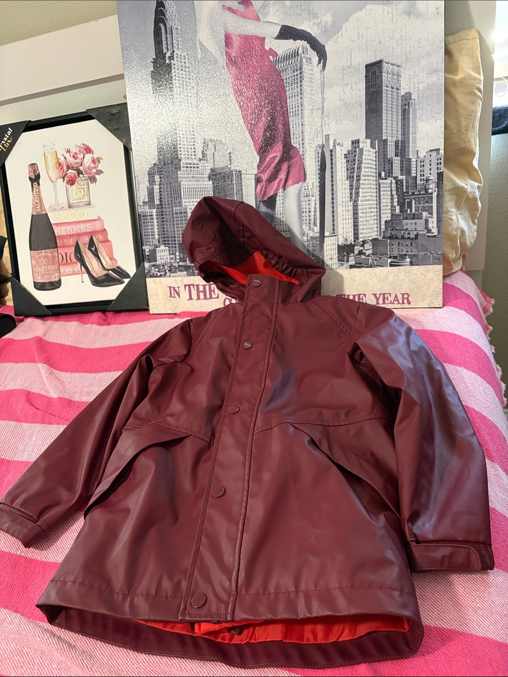 Cat & Jack Burgundy Hooded Raincoat with Red Lining